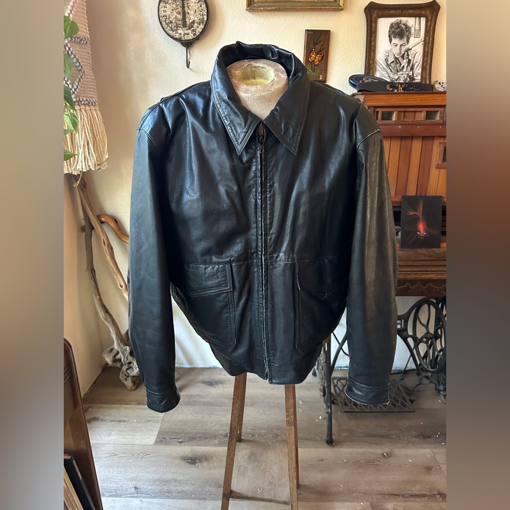Evan Picone Black Leather Bomber Jacket